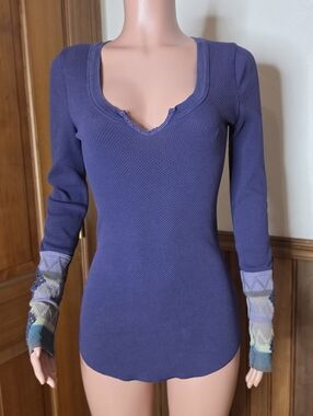 Free People Kombucha Long Sleeve Thermal Top with Crochet Cuffs M